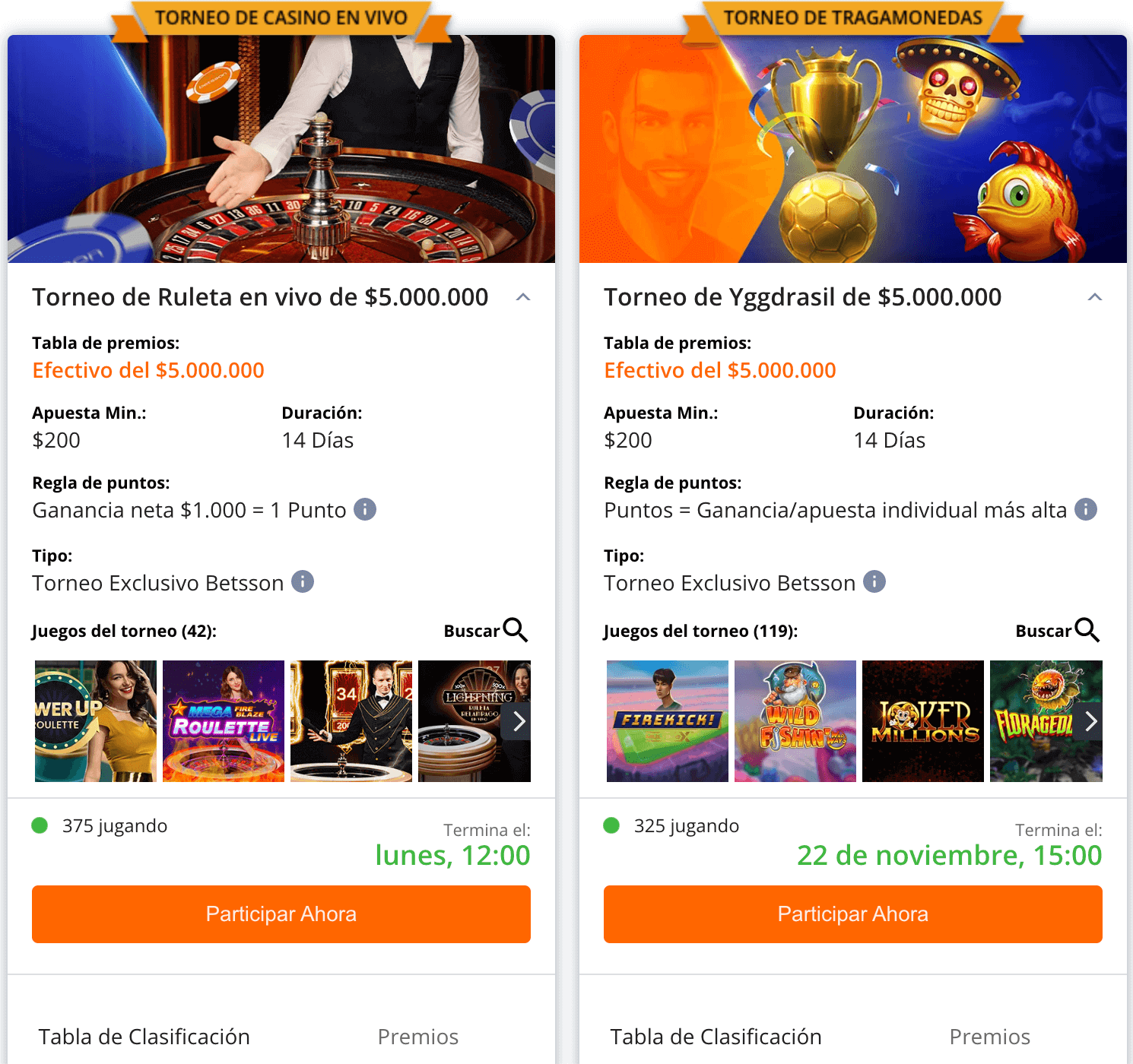 Torneo de casino en vivo y tragamonedas betsson