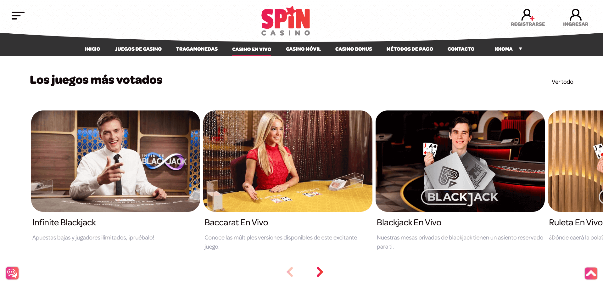 Juegos en vivo Spin Casino 2023