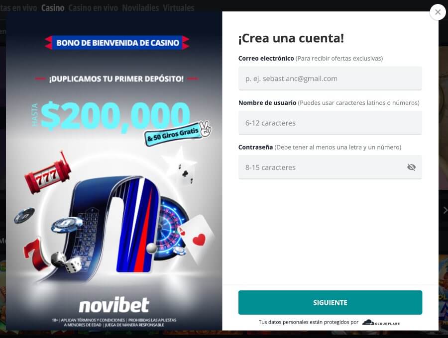 Proceso de registro Novibet casino Chile